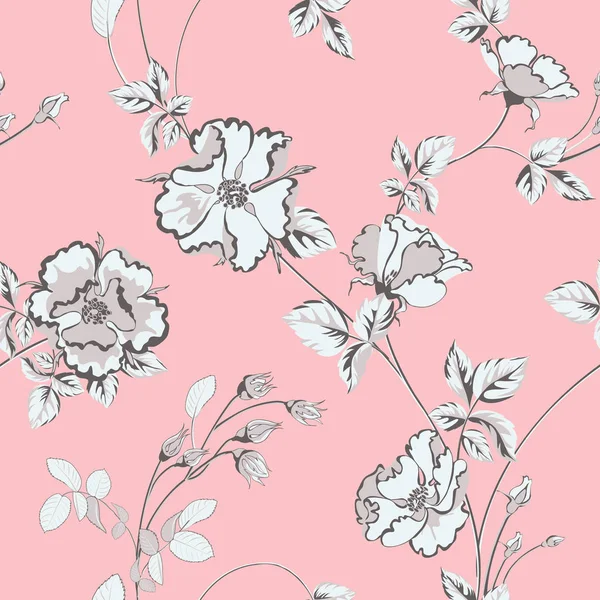 Illustrazione vettoriale di fiori con rose monocromatiche e foglie su sfondo rosa . — Vettoriale Stock