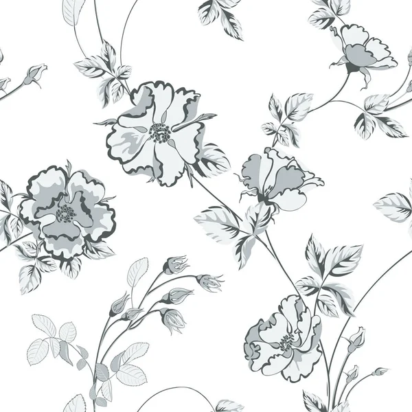 Ilustração do vetor da flor com rosas e folhas da cor monocromática no fundo branco . — Vetor de Stock