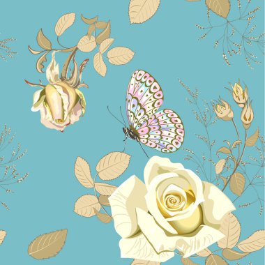 Mavi arka planda güzel sarı gül ve kelebek ile çiçek vektör illüstrasyon.