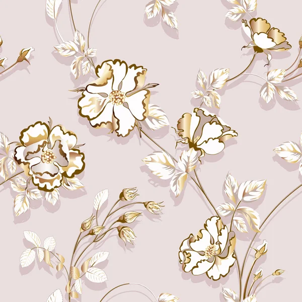 크림 배경에 아름다운 황금 장미 꽃과 나비의 꽃다발, 원활한 패턴. — 스톡 벡터