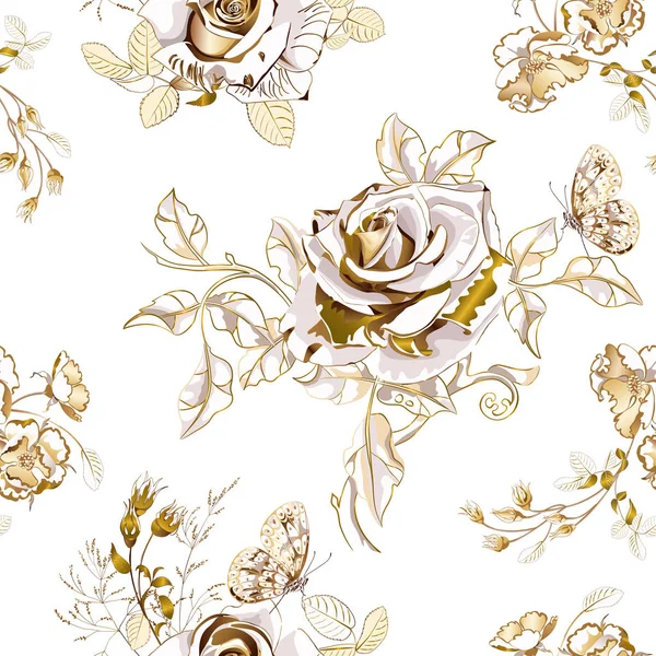 Bouquet de belles fleurs de rose dorée et de papillon sur fond blanc, motif sans couture . — Image vectorielle