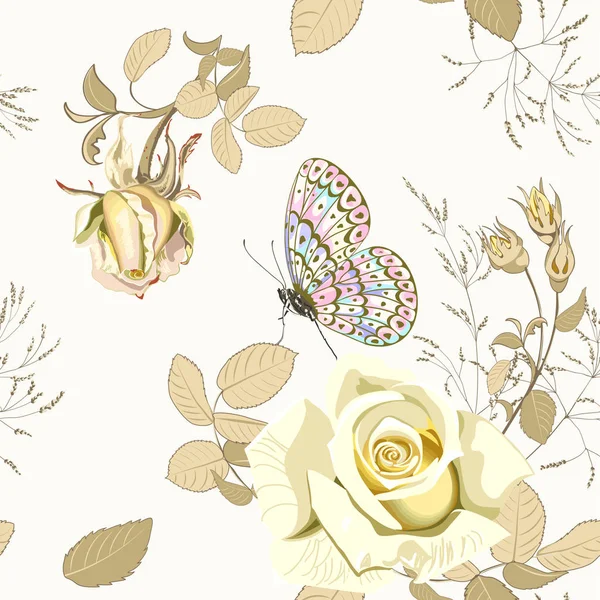 흰색 배경에 아름다운 노란색 장미와 나비와 꽃 벡터 그림. — 스톡 벡터