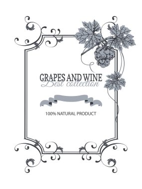 Vinyetler, üzüm ve yaprakları demet, beyaz arka plan üzerinde mavi dekoratif siyah çerçeve.
