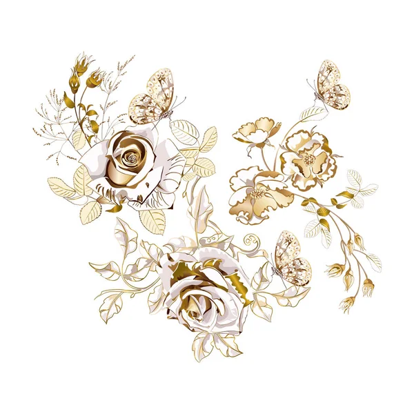 흰색 배경에 아름다운 황금 장미 꽃과 나비의 꽃다발, 가까이. — 스톡 벡터