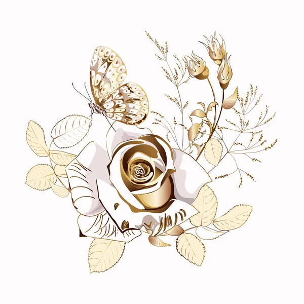 Blomsterarrangemang av vackra gyllene rosen blomma och fjäril på vit bakgrund, närbild — Stock vektor