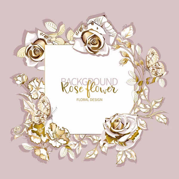 Banner blanco para texto, con ramo de hermosas flores de rosas doradas y mariposa sobre fondo crema . — Vector de stock