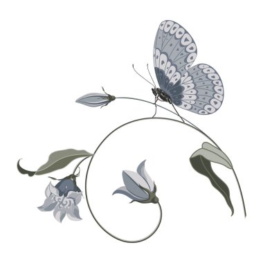 El mavi çan çiçek ve kelebek çizilmiş , beyaz arka plan üzerinde tasarım için kompozisyon.