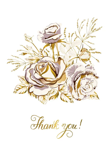 Kaart met boeket gouden rozen, belettering-dank u — Stockvector
