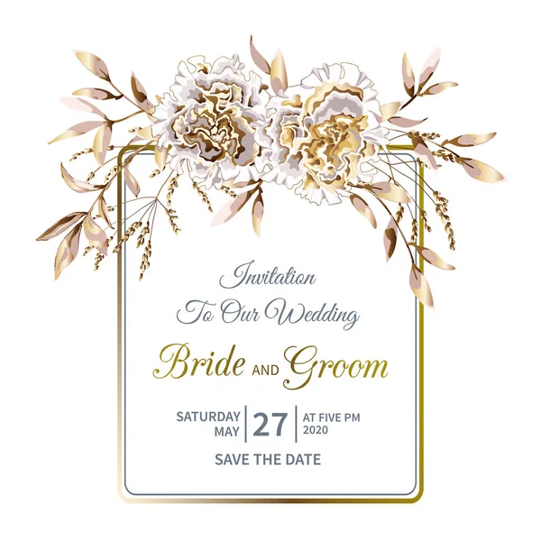 Invitación de boda floral con guirnalda de flores de petunia de rizo dorado y follaje sobre fondo blanco . — Vector de stock
