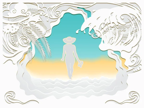 海の波 イルカ ビーチの紙の芸術彫刻 帽子の女の子は海の砂浜に沿って歩いています 夏休みの背景 — ストックベクタ