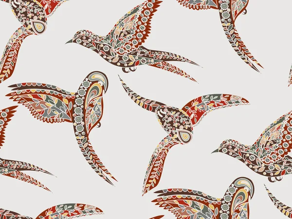 装飾スキャンディナヴィアスタイルの様々な飛行鳥 フラットデザイン 白い背景に手描きの色のシームレスなパターン ベクターイラスト — ストックベクタ