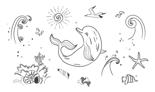 Doodle σύνολο θαλάσσιων στοιχείων: δελφίνι, γλάρος, αστερίας, κύματα, ήλιος, κέλυφος, κοράλλια και ψάρια. — Διανυσματικό Αρχείο