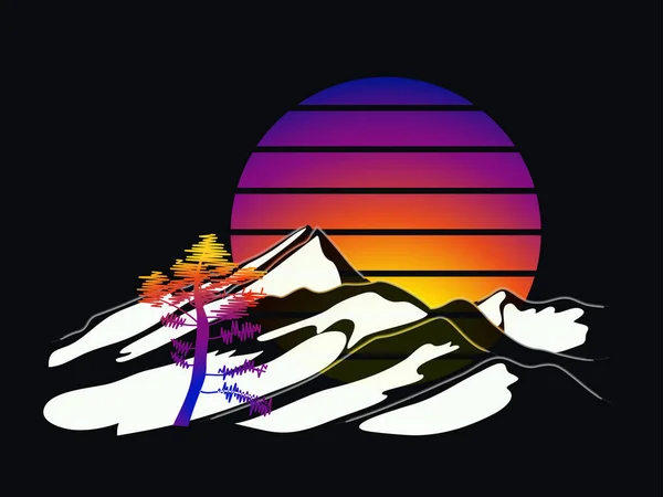 Vlakke spandoek met abstracte bergen, dennenboom en gradiënt zon op zwarte achtergrond. — Stockvector