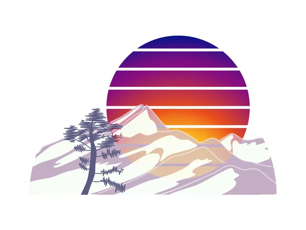 Flat banner design with abstract mountains, pine tree and gradient sun on white background. — Stock Vector