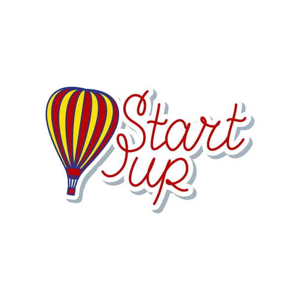 Start-up-Symbol. Zeichen eines bunten Heißluftballons, Startup - Schriftzug auf weißem Hintergrund. — Stockvektor