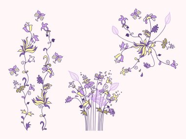 Beyaz arka planda İskandinav tarzında çiçek ve kelebek seti. Soyut minimal grafik baskı, tişört tasarımı, kartlar