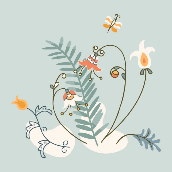 白を基調とした北欧風のアレンジメントの花と蝶 ベクトル抽象最小限のグラフィックプリント Tシャツデザイン カード — ストックベクタ