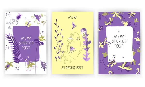 Nuove storie post, set vettoriali di lettere con fiori, uccelli e farfalle in stile scandinavo. — Vettoriale Stock