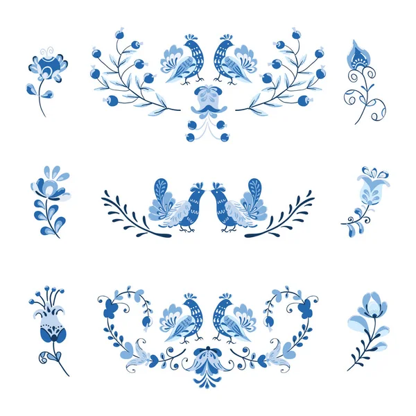 Conjunto vetorial de flores arranjo e pássaros em estilo escandinavo no fundo branco . — Vetor de Stock