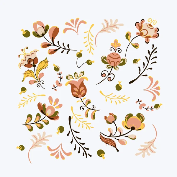 Vektor blommig prydnad med blommor och fågel skjuvning formad i rysk folkkonst målning stil — Stock vektor