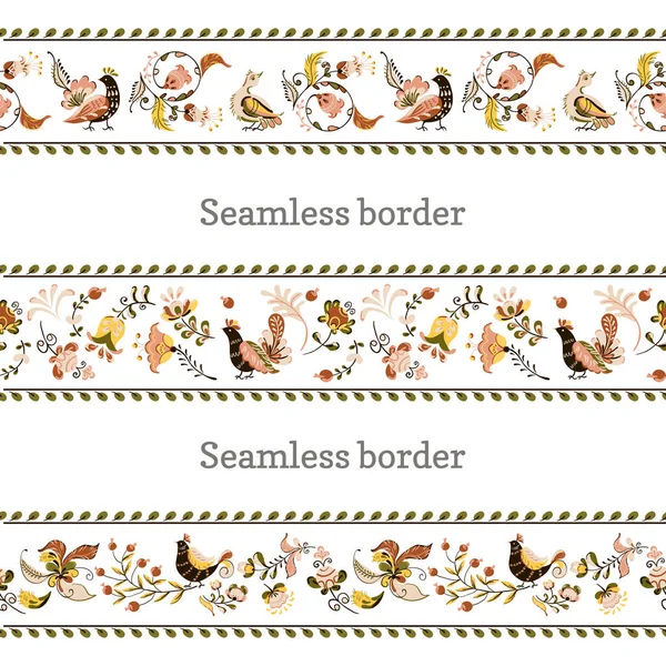 ロシアの民俗芸術の絵画スタイルで花や鳥とシームレスな装飾の境界線のベクトルフラワーセット, — ストックベクタ