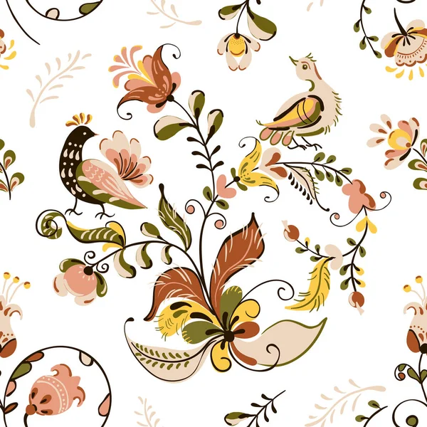 Patrón sin costura floral vectorial con flores y pájaros en el estilo de pintura popular rusa — Vector de stock