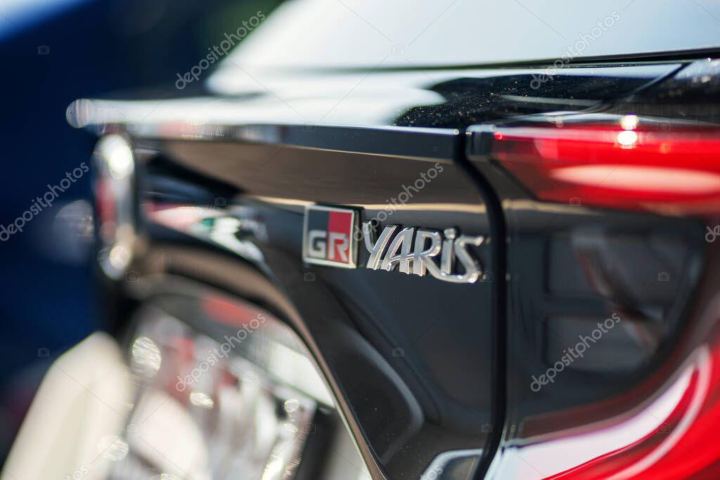 Brno, Czech Republic - September 5, 2025: Detail of the logo on the back of a Toyota Yaris GR car. A small fast sports car made in Japan.