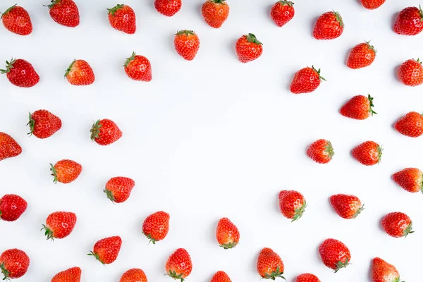 Strawberry White Background Top View Berries Pattern Flat Lay Frame — Stock Photo, Image