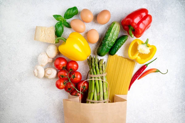 Healthy Food Background Healthy Food Paper Bag Vegetables Pasta Eggs — Stock Photo, Image