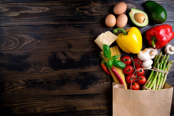 Fondo Alimentario Saludable Comida Sana Bolsa Papel Hortalizas Pasta Los —  Fotos de Stock