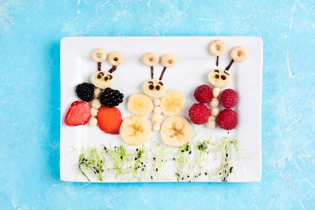 Kids breakfast with sandwiches . Funny butterfly sandwiches with berry, banana, chocolate, microgreen. Top view