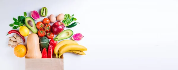 Aliments Sains Dans Sac Papier Fruits Légumes Sur Blanc Concept — Photo