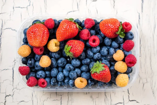 Fresh Blueberry Strawberry Raspberry Light Background Summer Berries Close Wooden — Stock Photo, Image