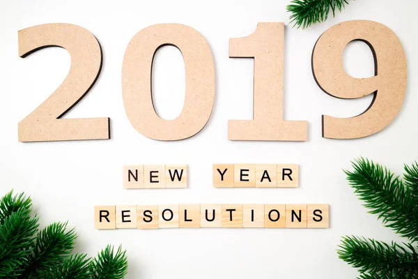 New year resolution 2019 on desk. 2019 goals and fir on white background. Goal, plan, strategy, change, idea concept. Top view