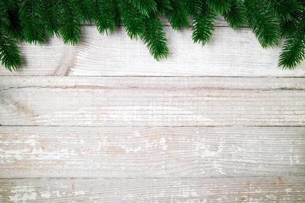 Kerstkaart Kerstmis Achtergrond Met Spar Kerstboom Oude Houten Tafel Winter — Stockfoto