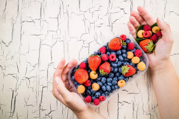 Female Hand Holding Fresh Berries Summer Berries Blueberry Strawberry Raspberry — Stock Photo, Image