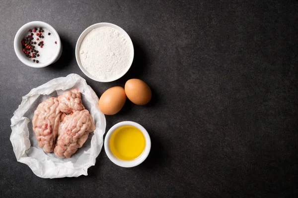 Raw Brains Ingredients Cooking Fried Brains Stone Dark Table Calf — Stock Photo, Image