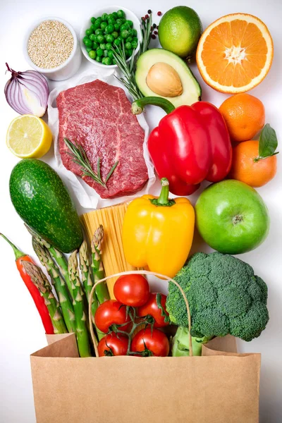 Fondo Alimentario Saludable Comida Saludable Bolsa Papel Carne Frutas Verduras —  Fotos de Stock