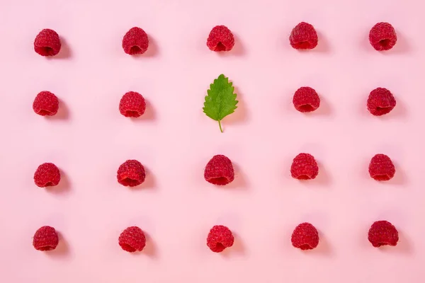 Patrón de puesta plana de frambuesa sobre fondo rosa. Bayas de verano — Foto de Stock