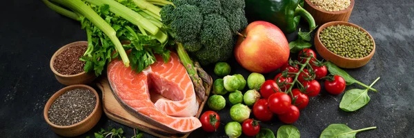 Flat lay of healthy food. Selection of healthy eating fish, vege