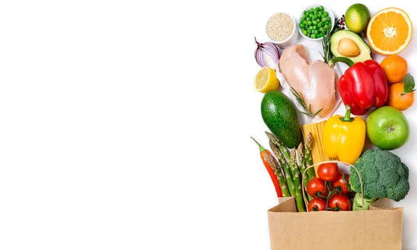 Sağlıklı beslenme arka plan. Sağlıklı gıda kağıt çanta et, meyve — Stok fotoğraf