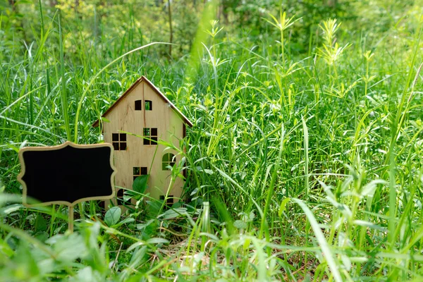 草の上に木造の家。不動産、家族の家、環境に優しい家 — ストック写真