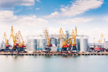 Deniz limanında vinçler ve diğer özel ekipmanlar, uluslararası ticaret teslimat konsepti. Lojistik ithalat ihracat ve taşımacılık sektörü