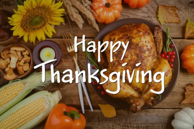 Mutlu Şükran tatil arka plan. Kavrulmuş bütün tavuk veya 