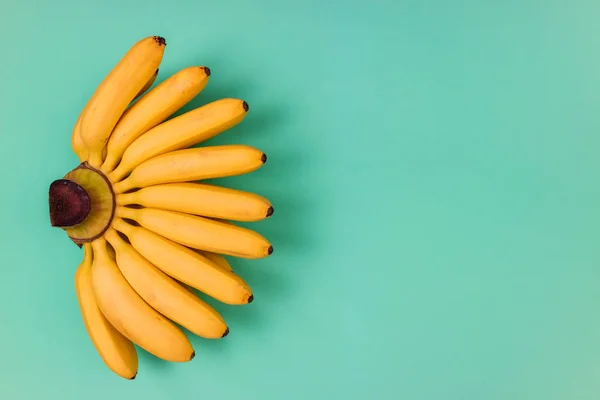 Trendy colorful fruit background of fresh yellow bananas on blue — Stock Photo, Image