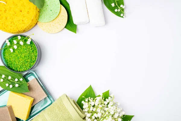 Spa Treatment Wellness Concept Natural Spa Cosmetics Products Towels Accessories — Stock Photo, Image