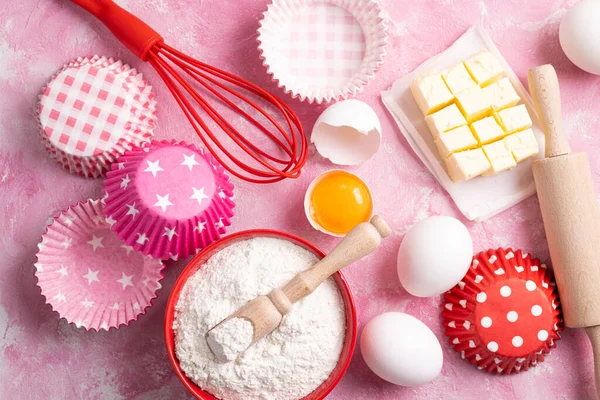 Back Oder Kochhintergrund Zutaten Zum Backen Von Kuchen Oder Muffins — Stockfoto