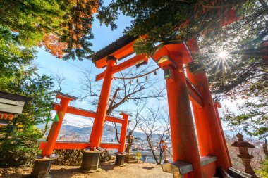 Fujiyoshida, Japonya 'daki Chureito pagoda' daki kırmızı kapı tapınağının görüntüsü.