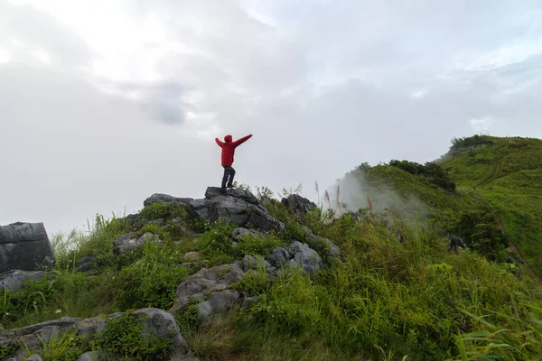 View Man Stand Top Peak Pha Tang Chiang Rai Thailand — Stock Photo, Image