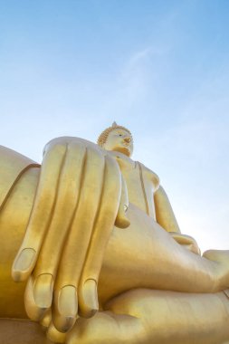 Tayland 'ın Ayutthaya ilindeki Wat Muang Tapınağı' nın devasa altın Buda heykelinin manzarası..